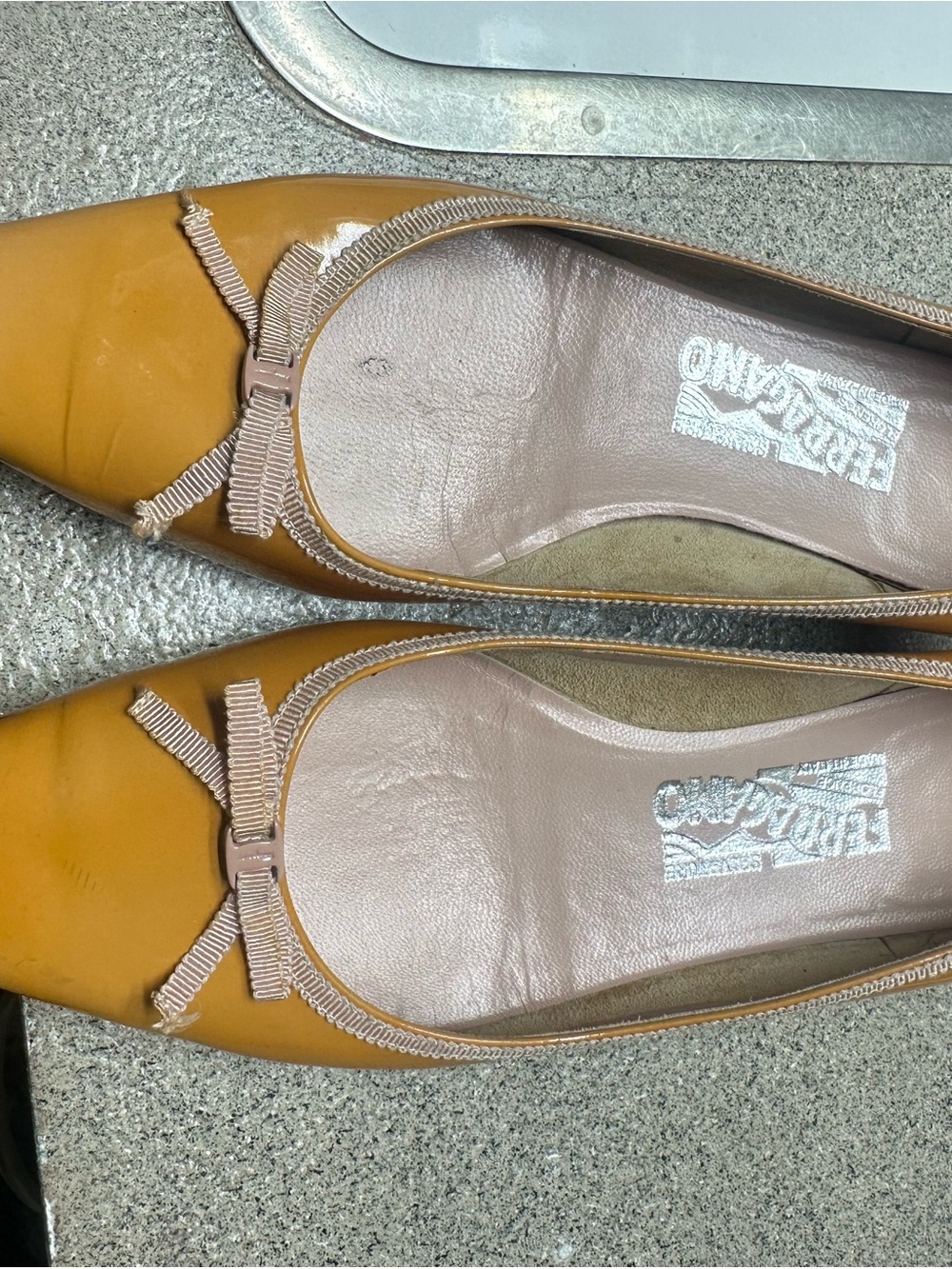 Salvatore Ferragamo Mustard Yellow Patent Leather Bow Pointed Flats